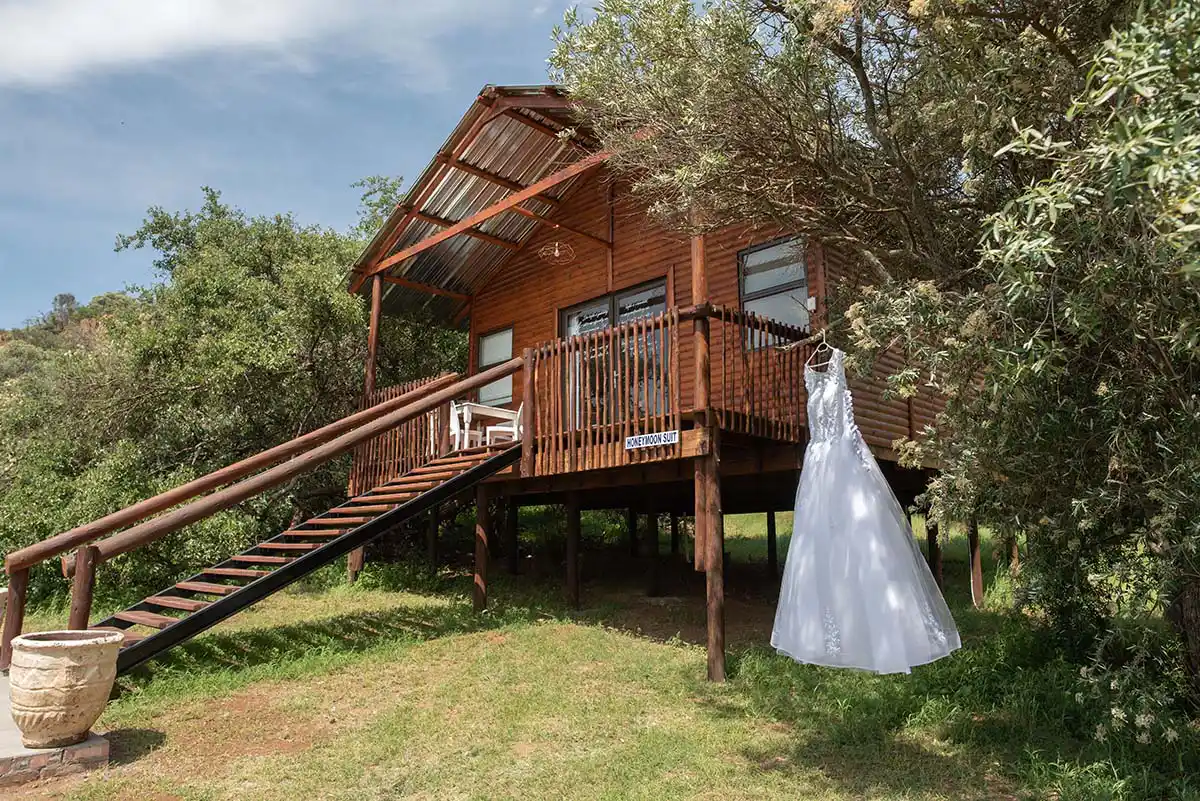 wedding dress hanging at bridal cottage goose hill bloemfontein wedding